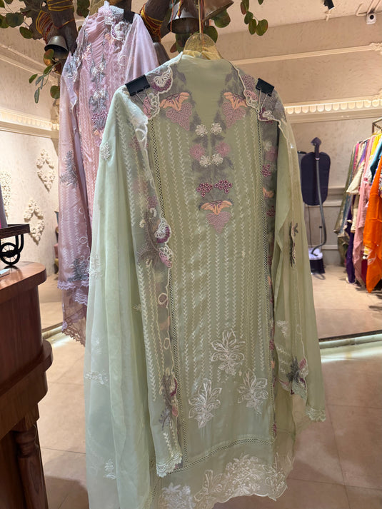 Pakistani organza coloured machine work suit set