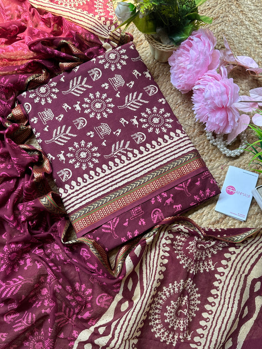 Wine shade warli print cotton suits