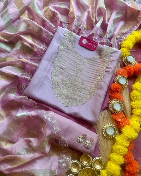 Shimmer silk patterned neck suit set with banarasi dupatta
