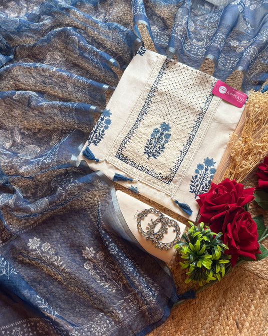 Organic cotton cream indigo suit set with Kota dupatta