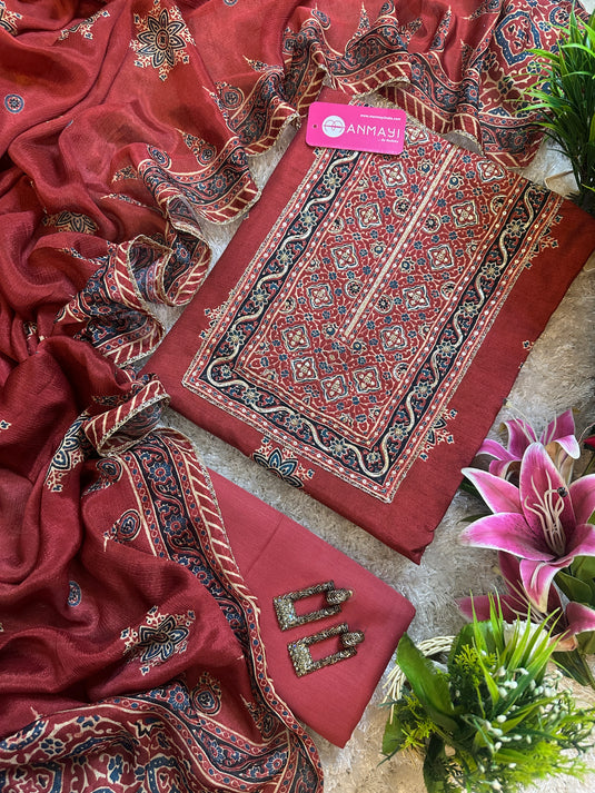 Ajrakh print raw silk suit with chinnon dupatta