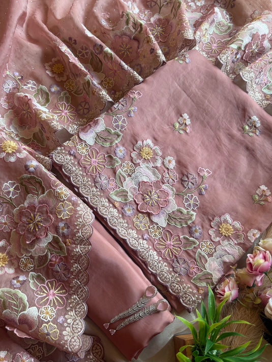 Applique patches tissue suits with Mukaish dupatta