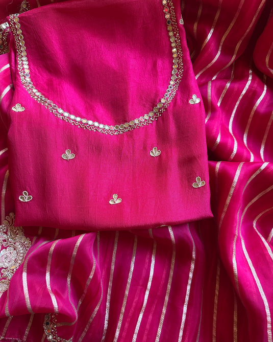 Stripes georgette embroidered saree with raw silk blouse
