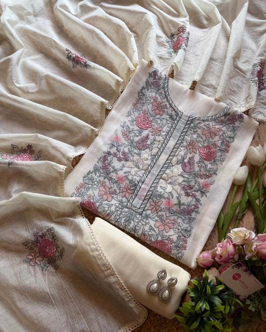Coloured Lucknawi panel pastel mul chanderi suit set