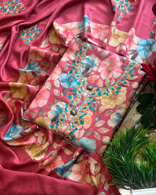 Embroidered semi pashmina floral suit set