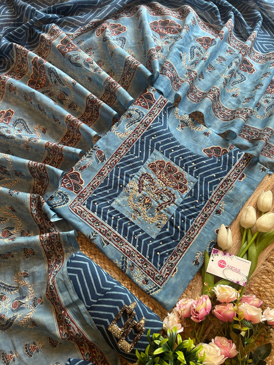 Vintage ajrakh block print pure cotton suit set