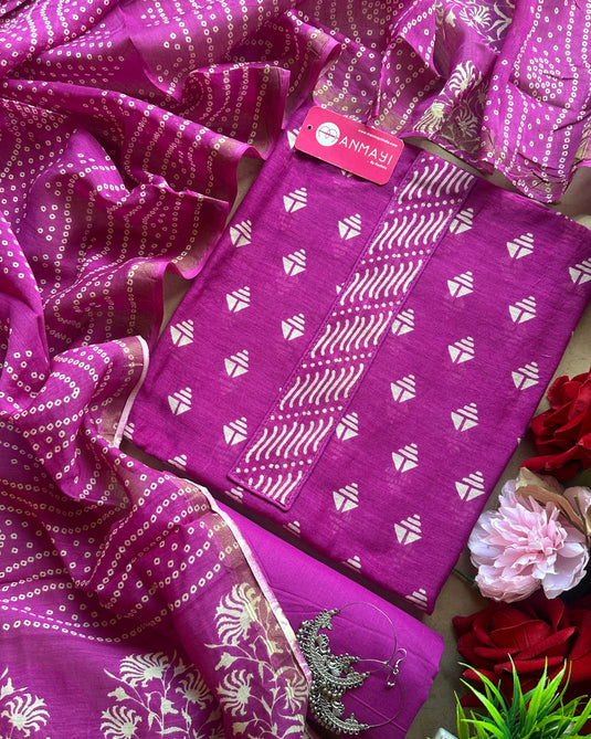 Maheshwari cotton printed suit set with Bandhani print dupatta
