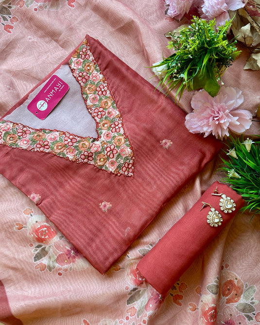 Soft Chanderi parsi neck work suit set with digital print dupattas