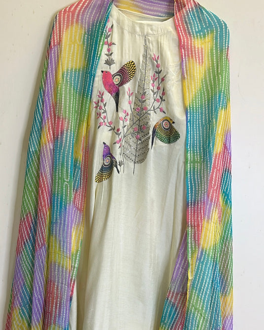 Rayon cream embroidery neck with coloured lehria chiffon dupatta