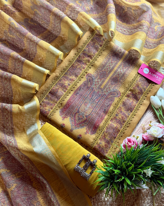 Printed Pakistani shimmer linen suits with Mukaish work