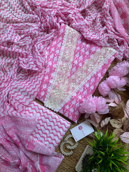 Pink white combination pattern Cambric cotton suits