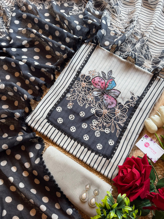 Striped floral patterned neck polka dots suit set