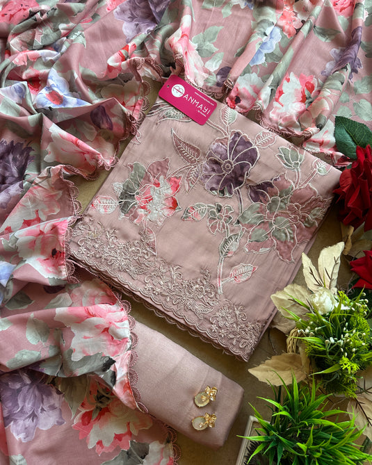 Chanderi appliqué work suit set with digital floral modal dupatta
