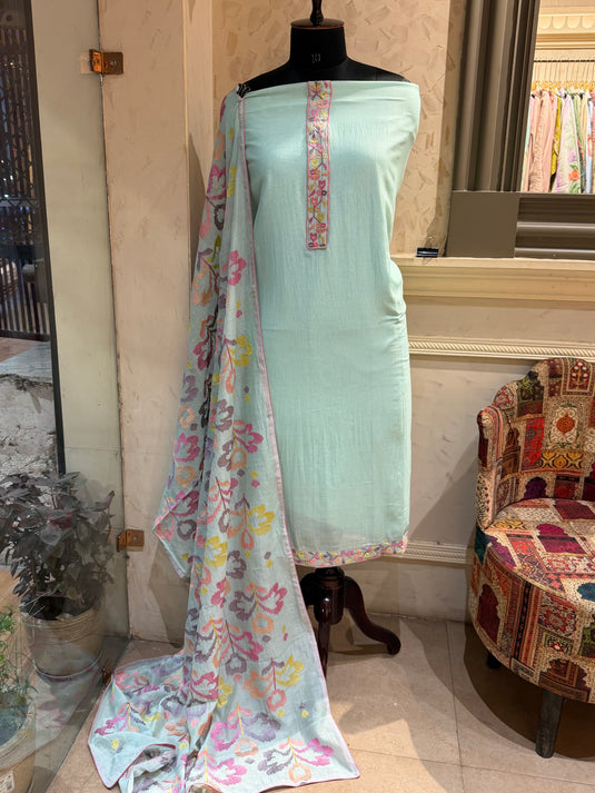 Mul Chanderi pastel embroidered dupatta suit set