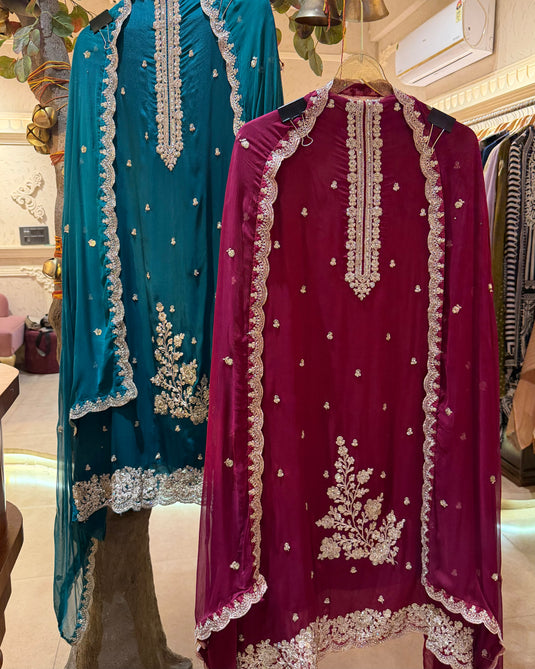 Fine Chinnon embroidered suit set with chiffon dupatta