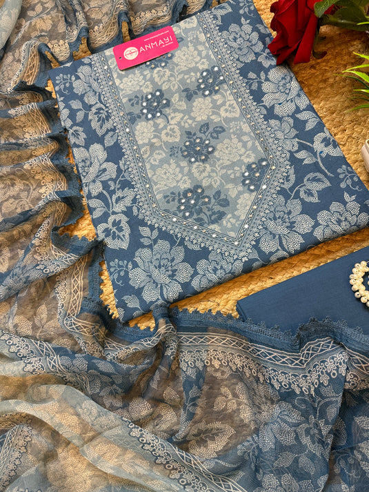 Indigo floral pure cotton suit with pure chiffon dupatta