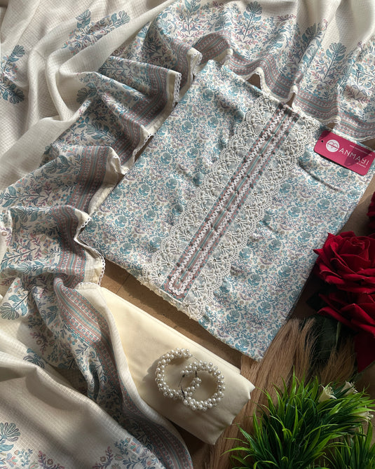 Printed cream pure cotton suit set with self Kota dupatta