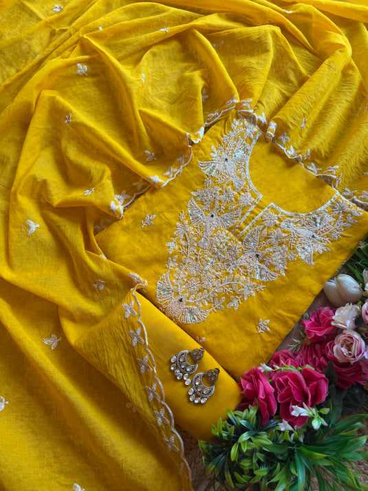Flying bird pearl work Mul Chanderi suit set