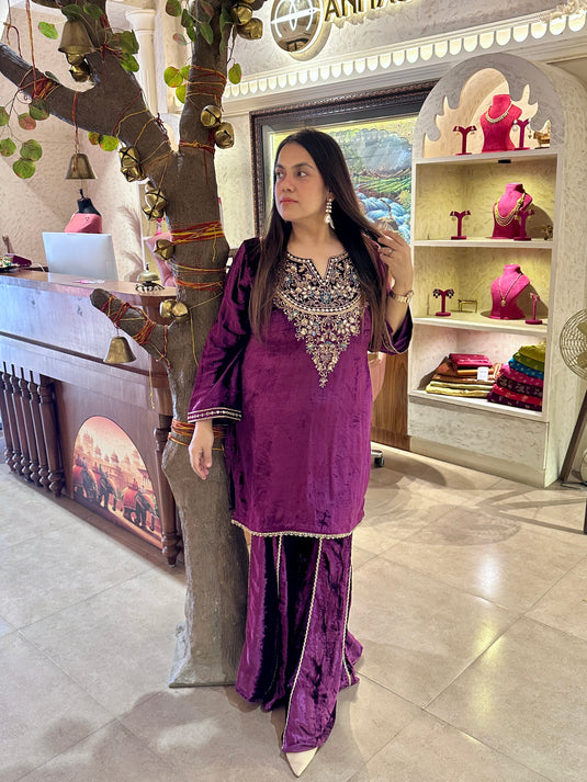 Zareen pure velvet sharara handwork suit set