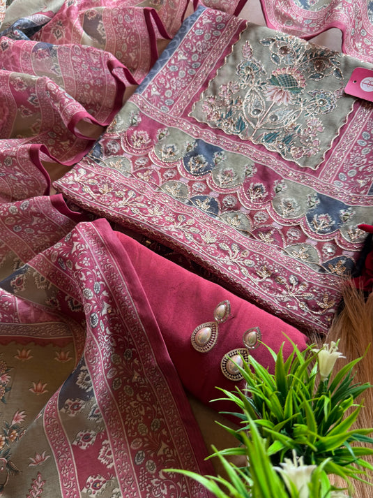 Highlighted Panel Chanderi Persian print suit set