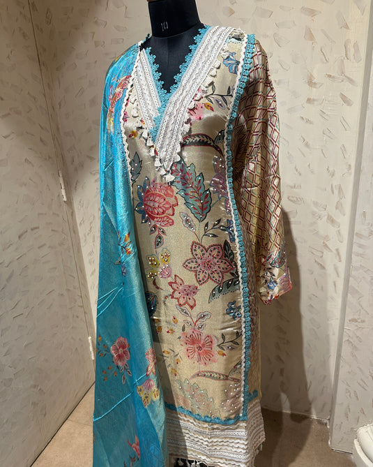 Shimmer organza semi stitched pearl pakistani crochet pearl details suit set