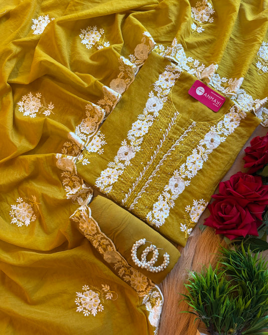 Mul Chanderi white thread work suit set