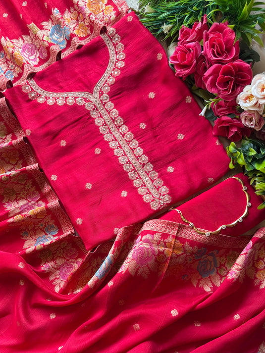 Handloom silk gold coloured flower patterns suit set