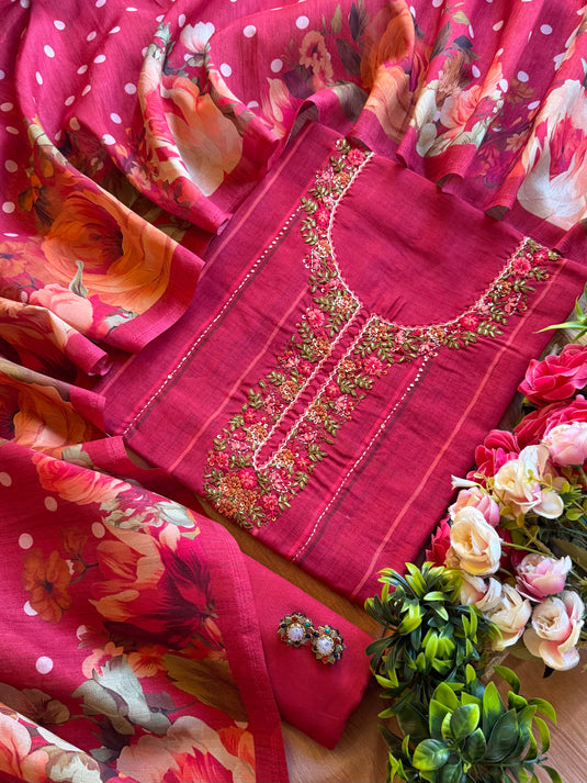 Fine Tussar silk suits with Kantha work and digital polka dots dupatta