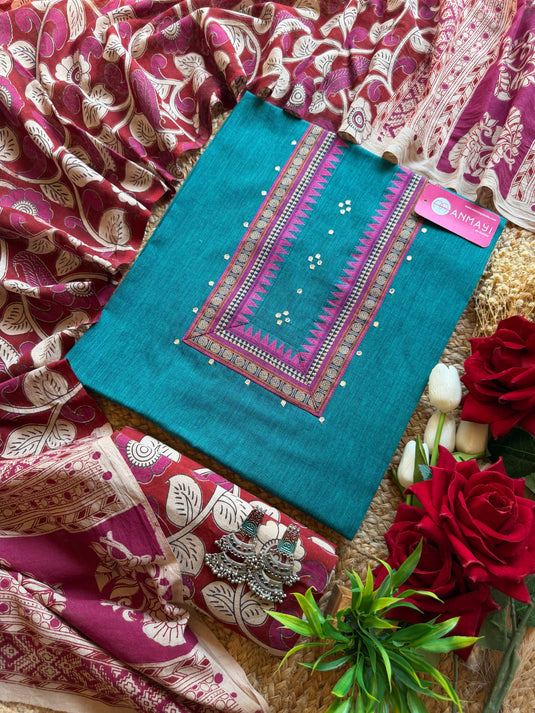 Handloom South cotton shirt with Kalamkari cotton bottom dupatta