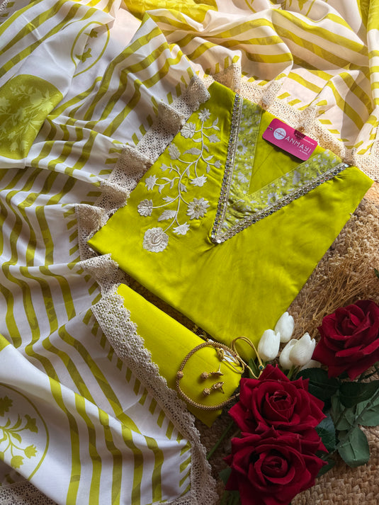 Mirror V neck Cambric cotton embroidered suit set with muslin printed dupatta