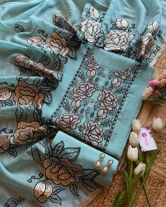 Patched gold rose Mul Chanderi suit set