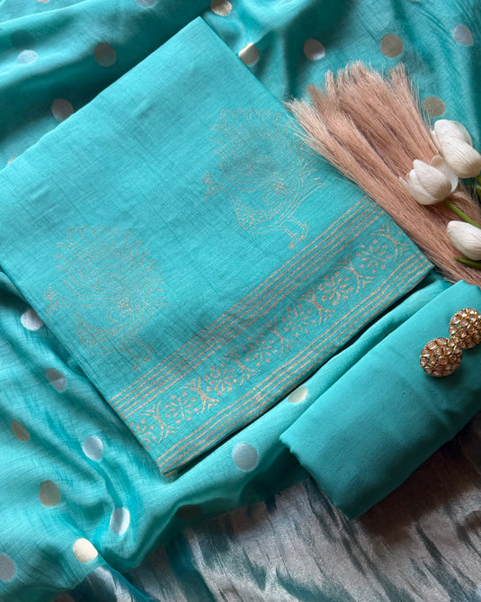Pure Mul Chanderi block print suit set with Zari weave dupatta