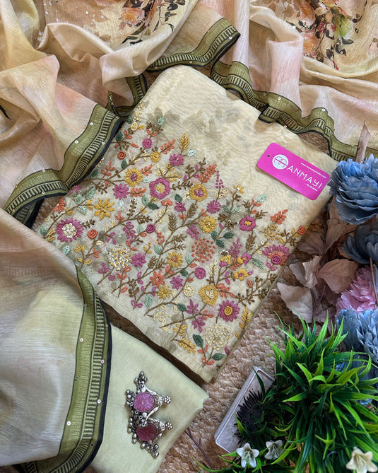 Soft Chanderi French knot work suit sets with highlights print dupatta