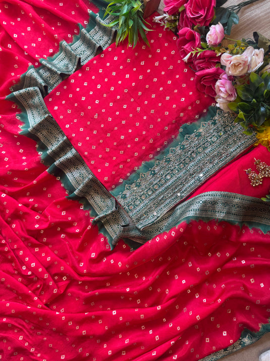 Dolla Silk Bandhani shaded embroidered suit set