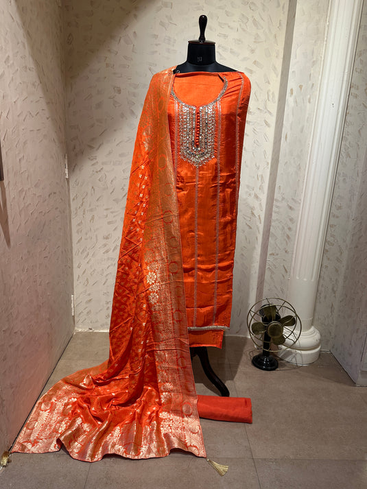 Upada silk gotta mirror work suit set with banarasi silk dupatta