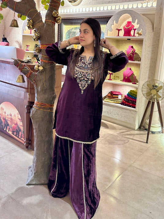 Zareen pure velvet sharara handwork suit set