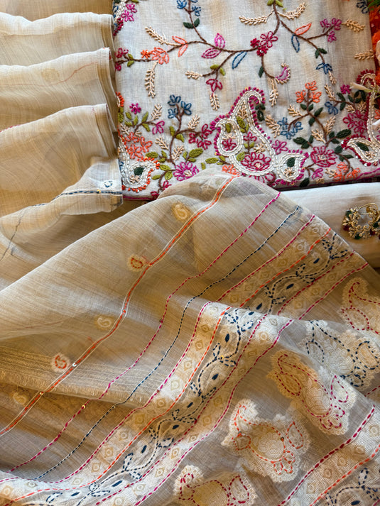Festive Ivory coloured Kantha weave Jamdani suit set