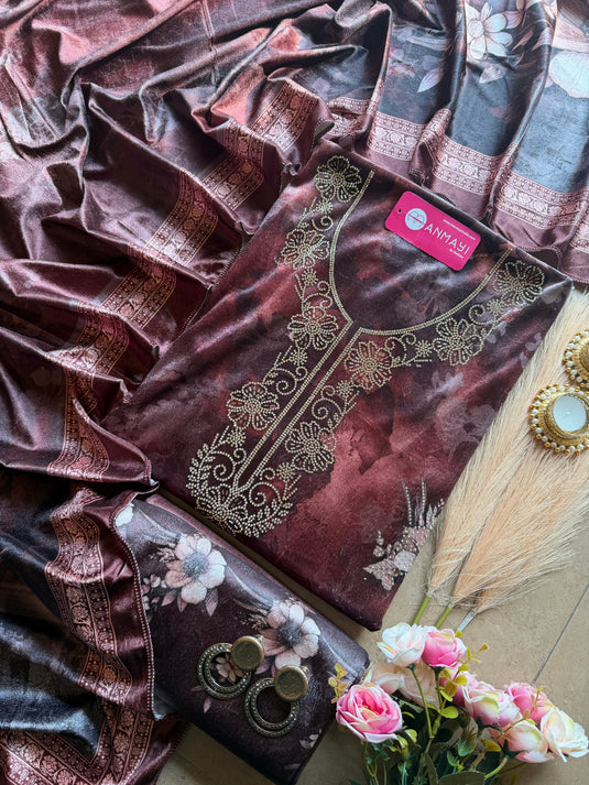 Printed floral velvet Swarovski work suit set