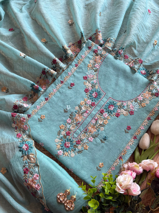 Tiny stitch machine work Mul Chanderi suit set