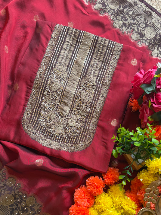 Taffeta Silk rusty red brocade finished suit set