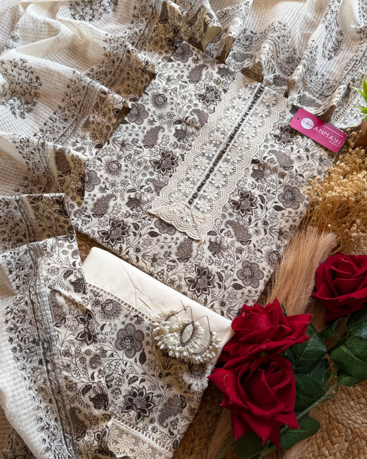 Printed pure cotton crochet work suit set with Kota block print dupatta