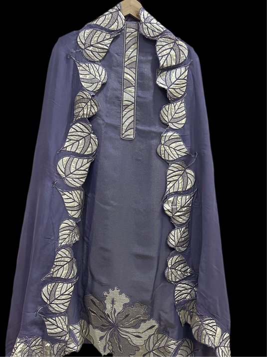 Cutwork gotta leafy pattern tissue silk suit set