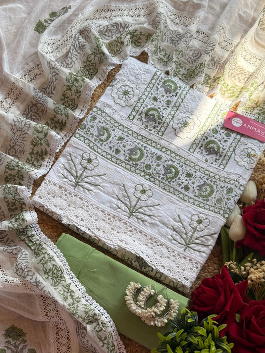 Cotton Chikankari work cream suit with combination bottom