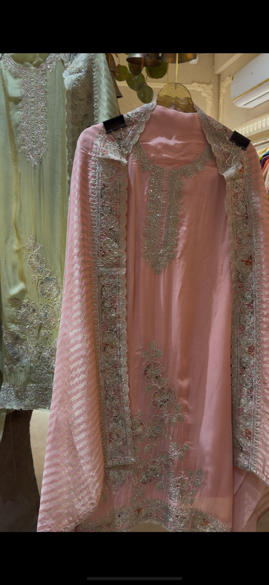 Highlighted Dori work on soft organza fabric with shimmer lines dupatta