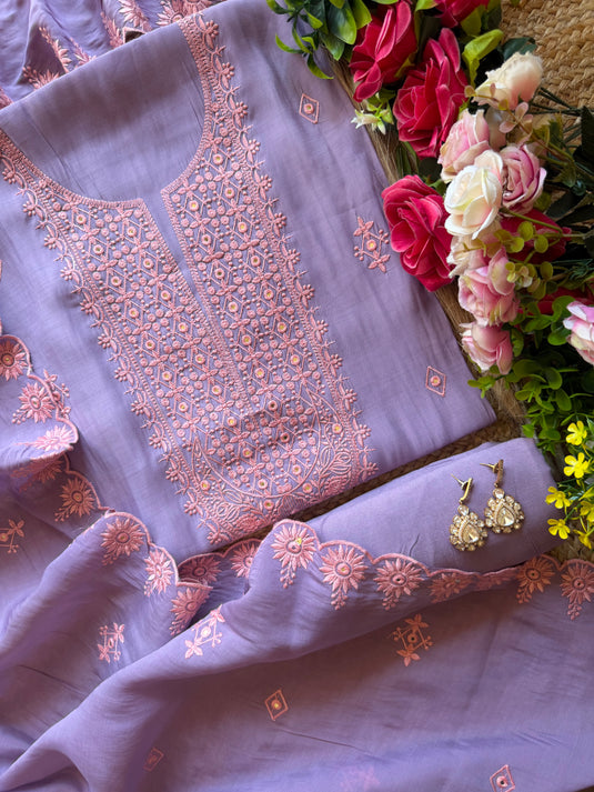 Phulkari work mul chanderi suit set