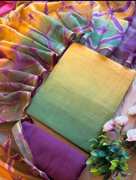 Ombré pure Mul Chanderi suits with combination bottom and Shibori dyed dupatta