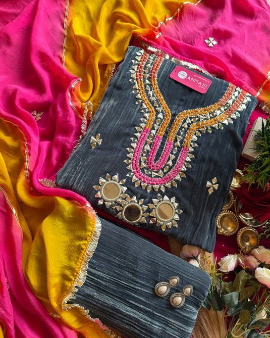 Mirror work crushed velvet grey suit set with gotta work and pure chiffon dupatta