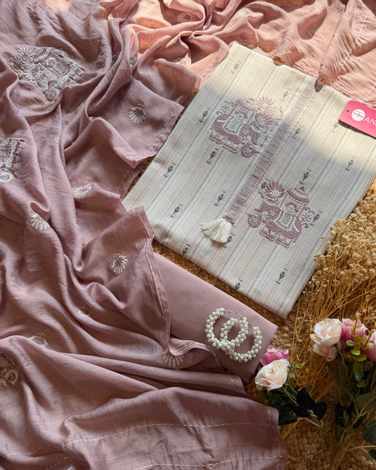 Cotton stripes elephant patch with cotton silk embroidered dupatta