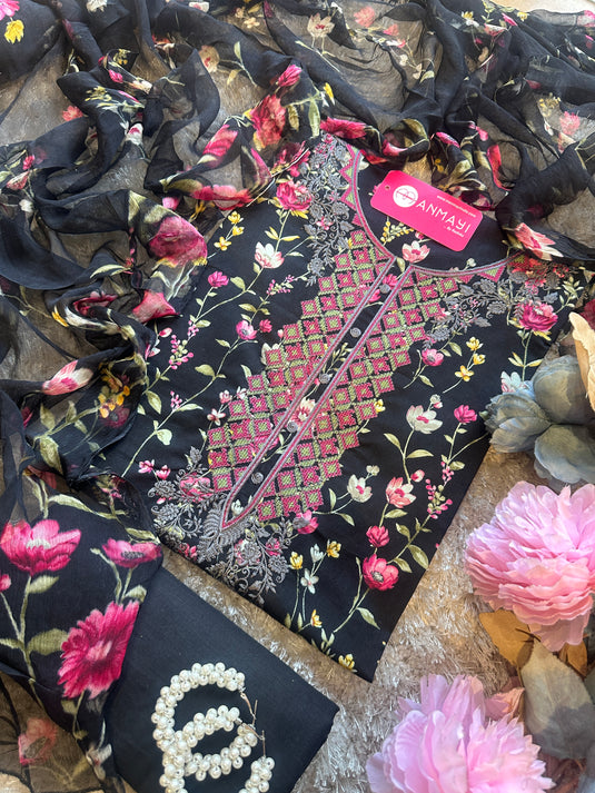 Red floral garden cambric cotton suit with chiffon printed dupatta