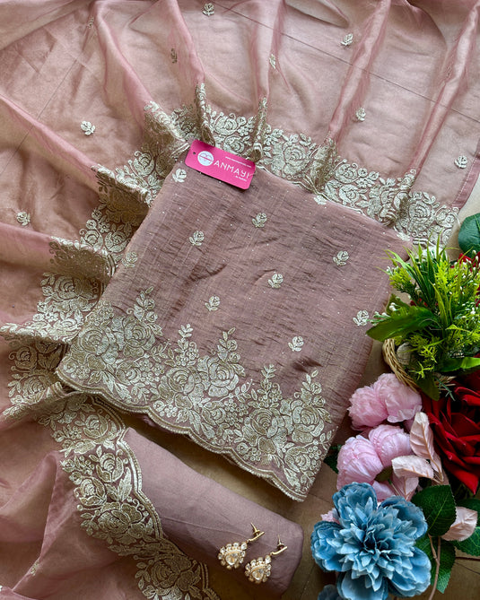 Crushed shimmer silk suit set with intricate dori work and organza dupatta